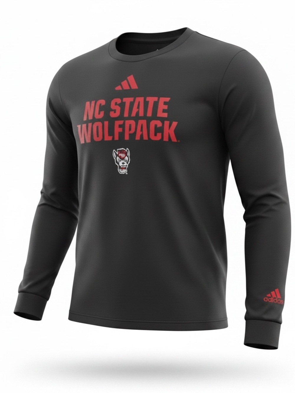 adidas Black NC State Wolfpack Long Sleeve Tee with Red Logo and Mascot